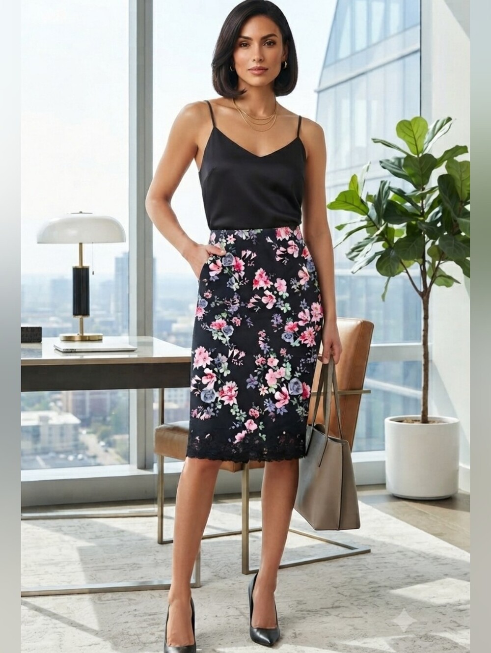 Express Floral Lace-Hem Pencil Skirt - Black with Pink Floral Size S